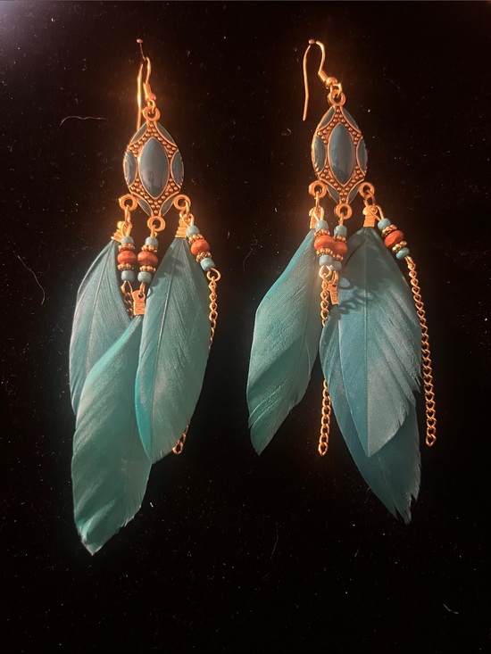Jewelry - Bohemian Teal Feather Dangle Earrings - Unbranded